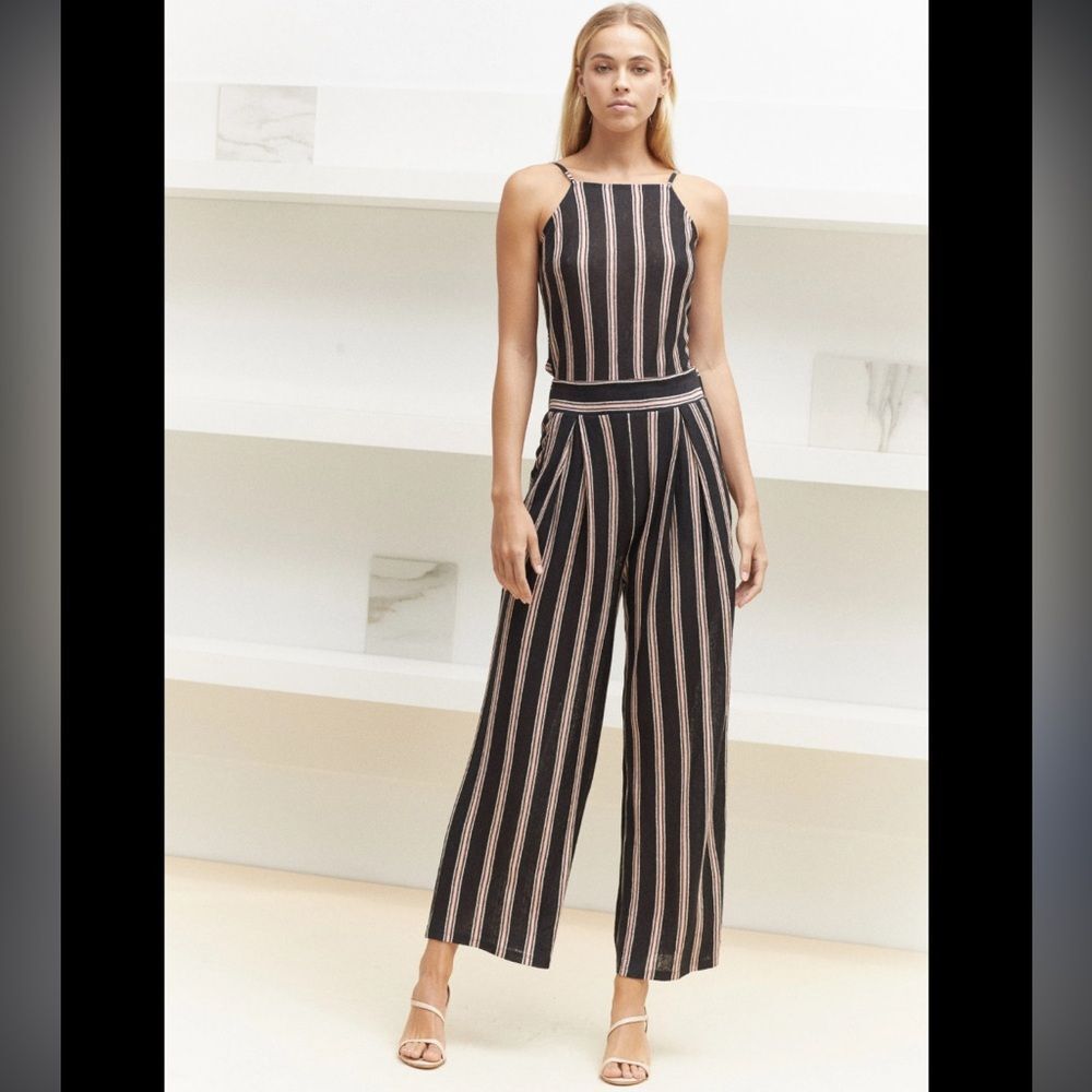 Joie Black and Beige Striped Wide-Leg Jumpsuit